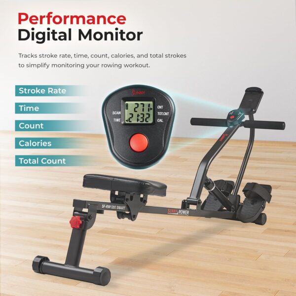 Sunny Health & Fitness Compact Adjustable Rowing Machine with 12 Levels of Resistance for Complete Body Workouts and Optional Free SunnyFit App Enhanced Connectivity - Image 5