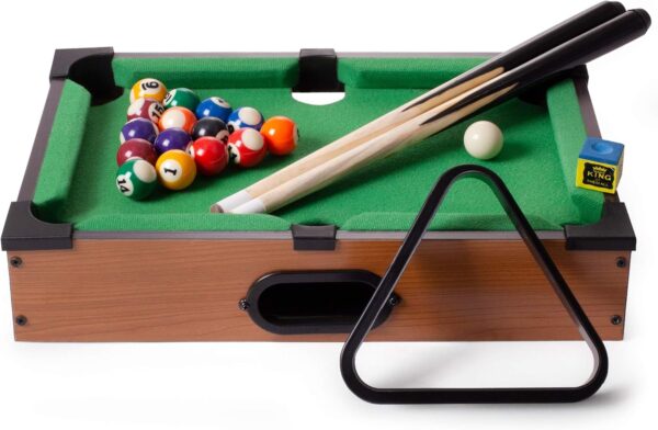 Tabletop Pool, Mini Pool Table & Billiard Set | Small Billiards Game with 16 Resin Balls, 2 Pool Cues, Triangle Rack, & Chalk | Travel-Friendly & Office Desk Games, Bartop, or Home Use & Easy Storage - Image 8