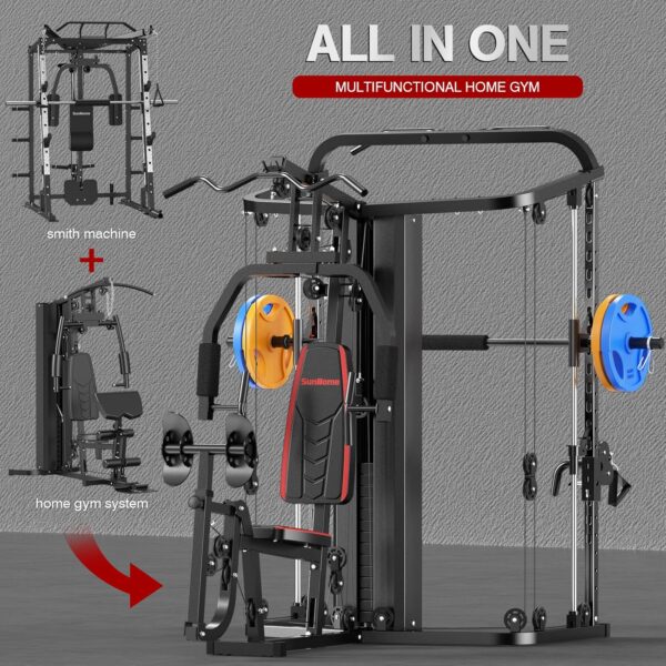 SunHome Multifunction Home Gym System Workout Station,Smith Machine with 138LB Weight Stack, Leg Press, LAT Station for Full Body Training - Image 6