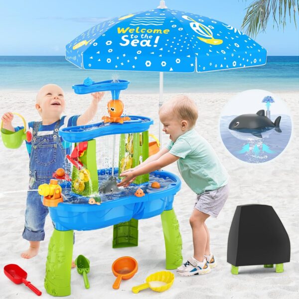 Water Table for Toddlers 3-5 with Umbrella/Water Pumb/Water Table Cover, 3-Tier Kids Sand Water Table, Rain Showers Splash Pond for Outdoor Beach, Activity Sensory Play Table for Boys Girls - Image 2