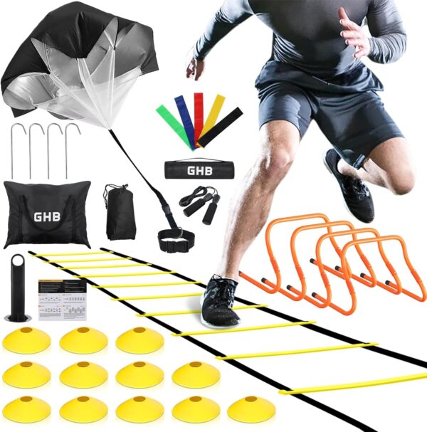 GHB Agility Ladder,Football Training Equipment Set,4 Agility Hurdles, 20 feet12 Rungs Speed Ladder,12 Disc Cones,Resistance Parachute, Jump Rope, 4 Resistance Bands - Image 2