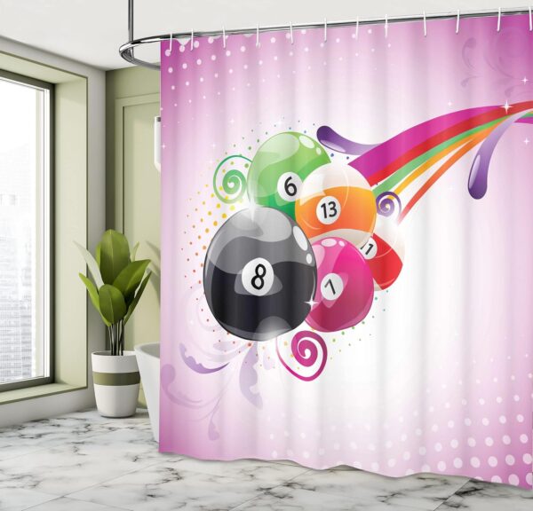 Lunarable Billiard Shower Curtain, Colorful Modernistic Illustration of Pool Game Balls with Numbers, Cloth Fabric Bathroom Decor Set with Hooks, 69" W x 84" L, Fuchsia and Multicolor - Image 5