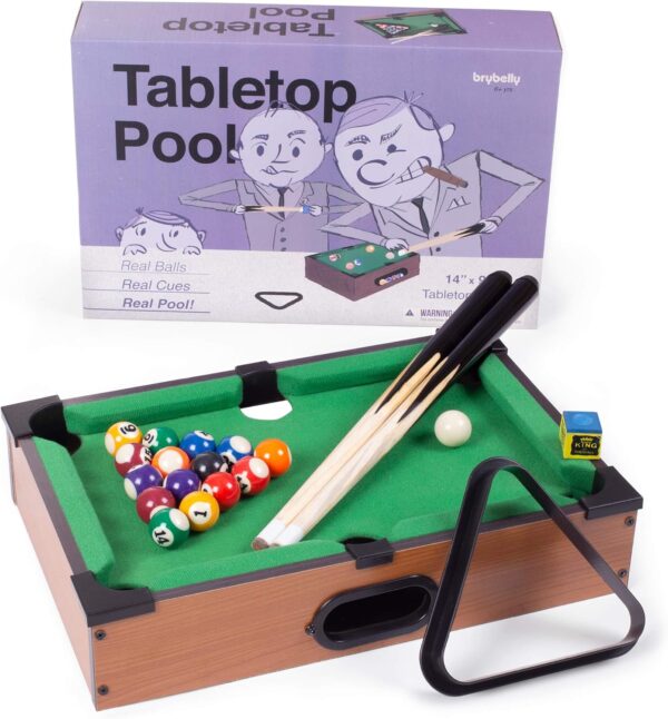 Tabletop Pool, Mini Pool Table & Billiard Set | Small Billiards Game with 16 Resin Balls, 2 Pool Cues, Triangle Rack, & Chalk | Travel-Friendly & Office Desk Games, Bartop, or Home Use & Easy Storage - Image 2