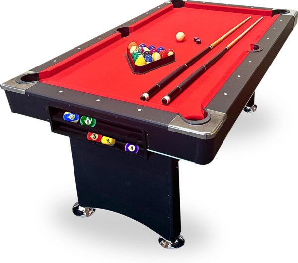 6 FT Pool Table. Includes Billiard Tables Accessories- 2 Pool Cues, Set of Pool Table Balls, Triangle, Pool Table Brush, Chalk, No Assembly, Portable - Image 2