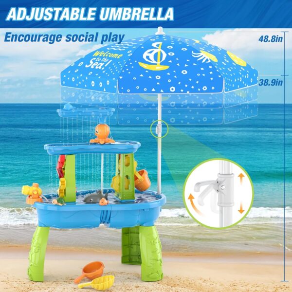 Water Table for Toddlers 3-5 with Umbrella/Water Pumb/Water Table Cover, 3-Tier Kids Sand Water Table, Rain Showers Splash Pond for Outdoor Beach, Activity Sensory Play Table for Boys Girls - Image 5