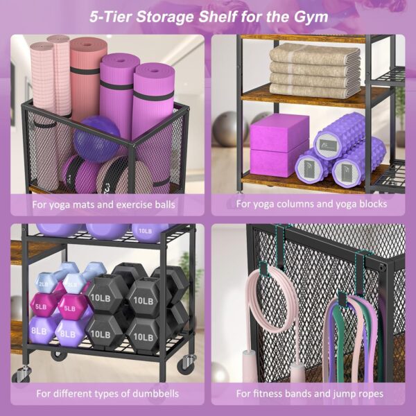 5 Tier Dumbbell Rack, Yoga Mat Storage Rack, Home Gym Storage Rack, Workout Equipment Storage Organizer, Weight Storage Holder Rack with Hooks and Wheels - Image 7