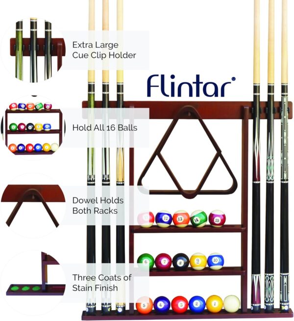 Flintar Wall Mount Cue Rack, Premium Quality Made in Taiwan, Billiards Pool Cue Stick holder, Real Solid Hardwood, Improved Direct Wall Mounting, Cue Rack Only, Mahogany Finish - Image 5