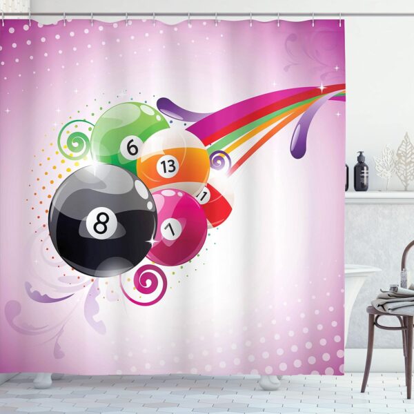 Lunarable Billiard Shower Curtain, Colorful Modernistic Illustration of Pool Game Balls with Numbers, Cloth Fabric Bathroom Decor Set with Hooks, 69" W x 84" L, Fuchsia and Multicolor - Image 2