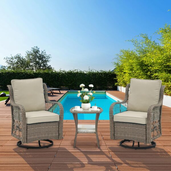 3 Pieces Outdoor Wicker Swivel Chair Set, Swivel Rocking Chairs Set of 2 with Rattan Side Table, 360-Degree Swivel Rocking Chair for Patio Porch Pool - Image 3