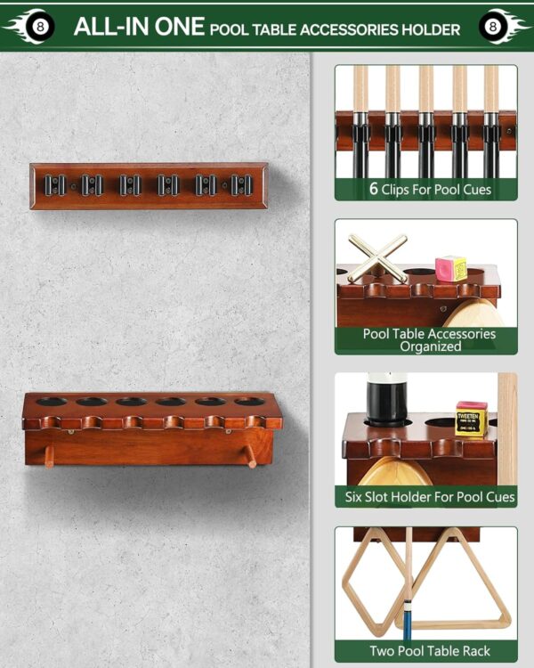 Pool Cue Rack Stick Holder - Wall Mount Billiards Pool Cue Rack Oak Solid Hardwood Pool Cue Set Holder for 6 Cues Sticks Storage Pool Table Accessories Equipment Organizer - Image 5