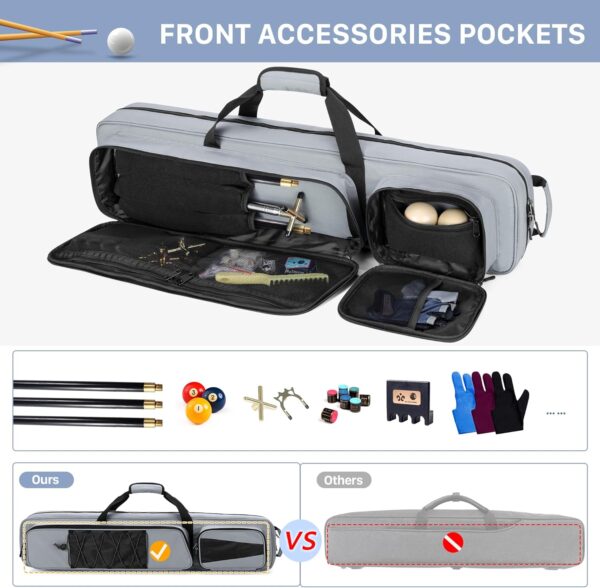 4x5 Pool Cue Case, Billiard Stick Carrying Case Holds 4 Butts and 5 Shafts, Soft Pool Stick Bag with Large Front Accessories Pockets and Shoulder Strap for Easy Carry - Image 4