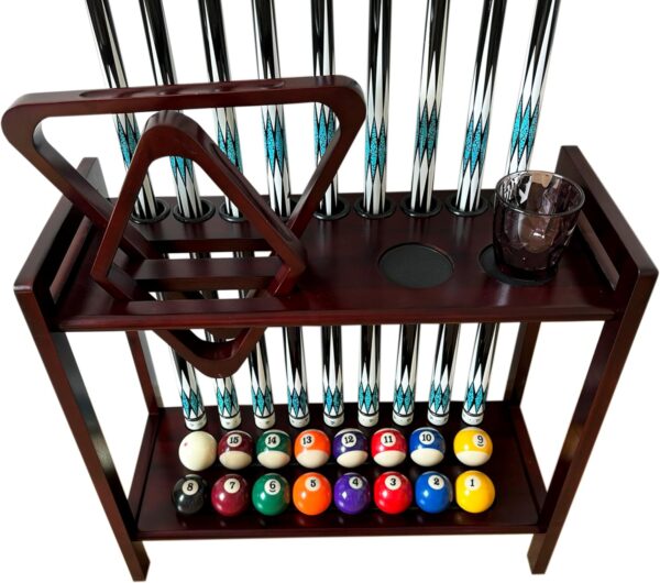 Pool Stick Holder Floor Stand Holds 9 Cues & Pool Table Accessories. Wooden 2-Tier Cue Stick Storage with Ball Rack Hangers, Billiard Cone Chalk Holder or Drink Pads (Mahogany) - Image 2