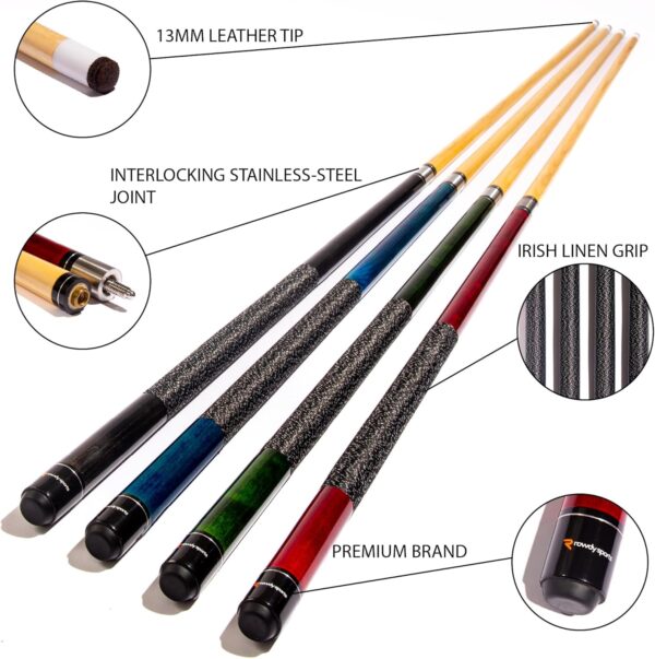 Ash Wood Pool Sticks Set of 4-57 inch 20oz Wooden Pool Cue Stick - House Bar Billiard Cue Sticks - 13 MM Genuine Leather Tips Pool Cues with Beautiful Colors- Black, Blue, Green & Red - Image 8