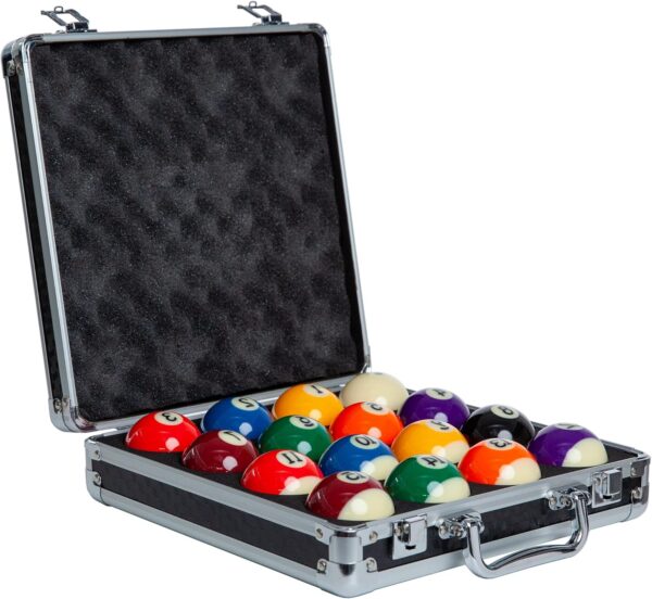 Pool Balls Billiard Set - Regulation Size - 17 Pc Professional Pool Set w/Cue Ball and Sleek Black and Silver Case - Multi Colored - Ball Size 2.25" 57.15mm - Image 2