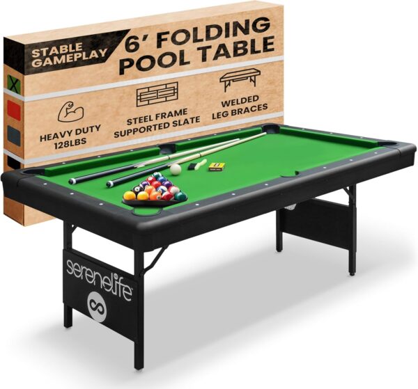 SereneLife 6-Ft Folding Pool Table - Best in Stability - Steel Frame, Fully Supported Slate, Welded Leg Supports with Safety Anti Collapse Locks, 128LB Heavy Duty Billiard Game and Accessory Set - Image 2