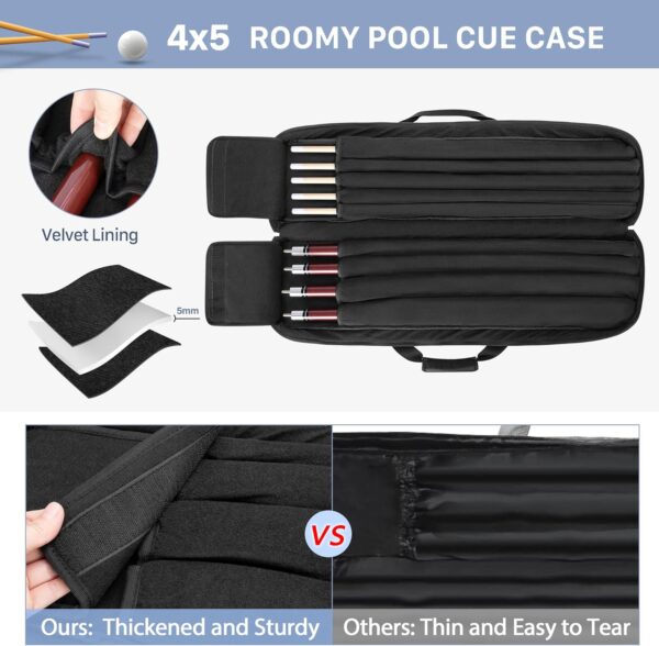 4x5 Pool Cue Case, Billiard Stick Carrying Case Holds 4 Butts and 5 Shafts, Soft Pool Stick Bag with Large Front Accessories Pockets and Shoulder Strap for Easy Carry - Image 3