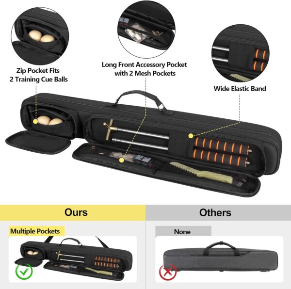 2x2 Pool Cue Case Holds 2 Butts and 2 Shafts, Billiard Pool Cue Stick Carrying Case Bag with Handle and Detachable Shoulder Strap, Soft Padded Pool Cue Bag with Front Accessory Pocket, Black - Image 4