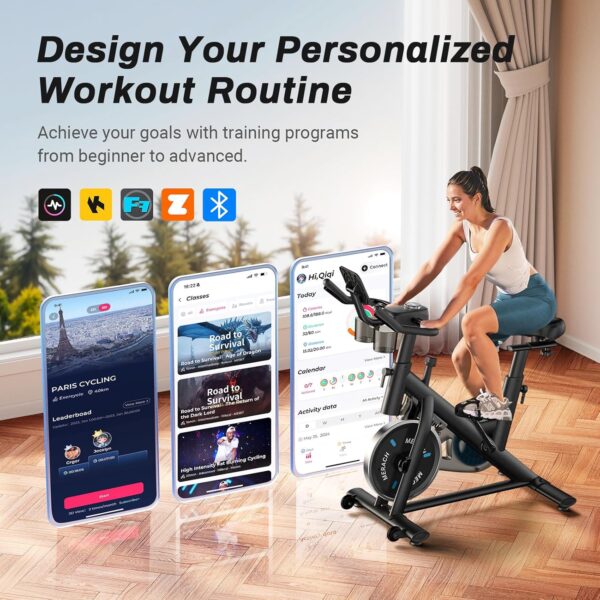 MERACH Exercise Bike, Brake Pad Stationary Bike with Exclusive App, Low Noise Indoor Cycling Bike with 300lbs Weight Capacity, Tablet Mount and Fitness Courses for Weight Loss - Image 3