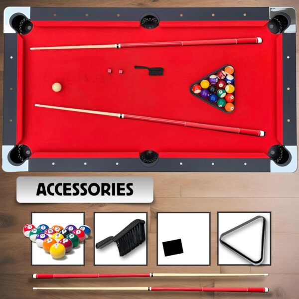 6 FT Pool Table. Includes Billiard Tables Accessories- 2 Pool Cues, Set of Pool Table Balls, Triangle, Pool Table Brush, Chalk, No Assembly, Portable - Image 4