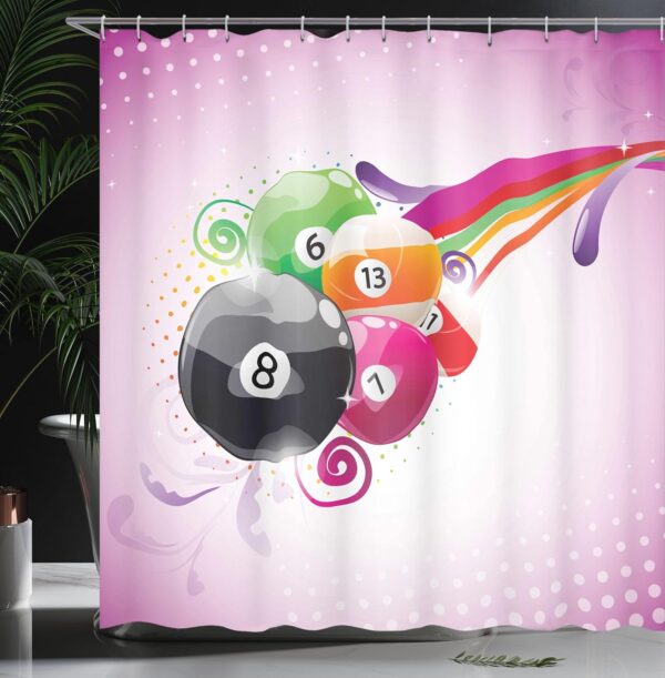 Lunarable Billiard Shower Curtain, Colorful Modernistic Illustration of Pool Game Balls with Numbers, Cloth Fabric Bathroom Decor Set with Hooks, 69" W x 84" L, Fuchsia and Multicolor - Image 4