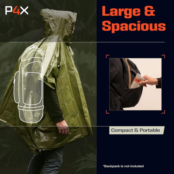 PREPARED4X Emergency Poncho with Mylar Blanket Liner – Heavy Duty, Waterproof, Wind-Resistant Green Rain Poncho for Outdoors, Camping, and Car Emergency Kits - Thermal Poncho - Image 8