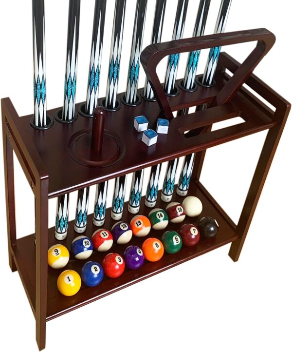 Pool Stick Holder Floor Stand Holds 9 Cues & Pool Table Accessories. Wooden 2-Tier Cue Stick Storage with Ball Rack Hangers, Billiard Cone Chalk Holder or Drink Pads (Mahogany) - Image 5