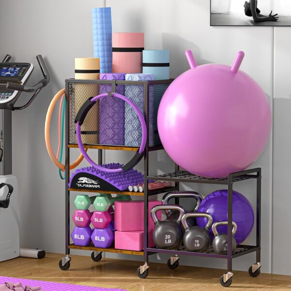 5 Tier Dumbbell Rack, Yoga Mat Storage Rack, Home Gym Storage Rack, Workout Equipment Storage Organizer, Weight Storage Holder Rack with Hooks and Wheels - Image 2