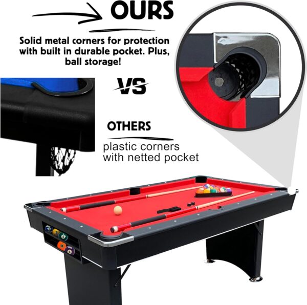 6 FT Pool Table. Includes Billiard Tables Accessories- 2 Pool Cues, Set of Pool Table Balls, Triangle, Pool Table Brush, Chalk, No Assembly, Portable - Image 5