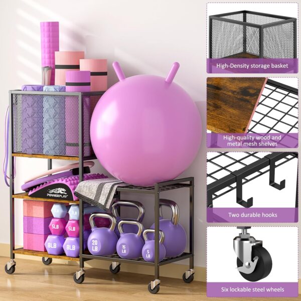 5 Tier Dumbbell Rack, Yoga Mat Storage Rack, Home Gym Storage Rack, Workout Equipment Storage Organizer, Weight Storage Holder Rack with Hooks and Wheels - Image 6