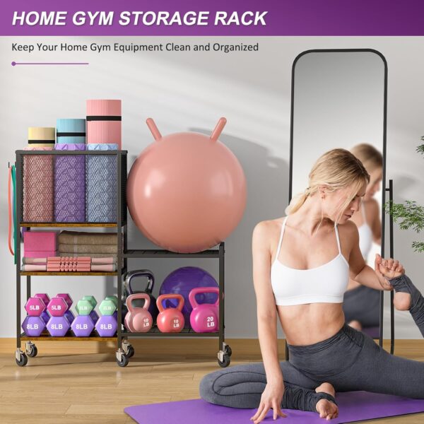 5 Tier Dumbbell Rack, Yoga Mat Storage Rack, Home Gym Storage Rack, Workout Equipment Storage Organizer, Weight Storage Holder Rack with Hooks and Wheels - Image 4