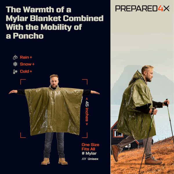 PREPARED4X Emergency Poncho with Mylar Blanket Liner – Heavy Duty, Waterproof, Wind-Resistant Green Rain Poncho for Outdoors, Camping, and Car Emergency Kits - Thermal Poncho - Image 3
