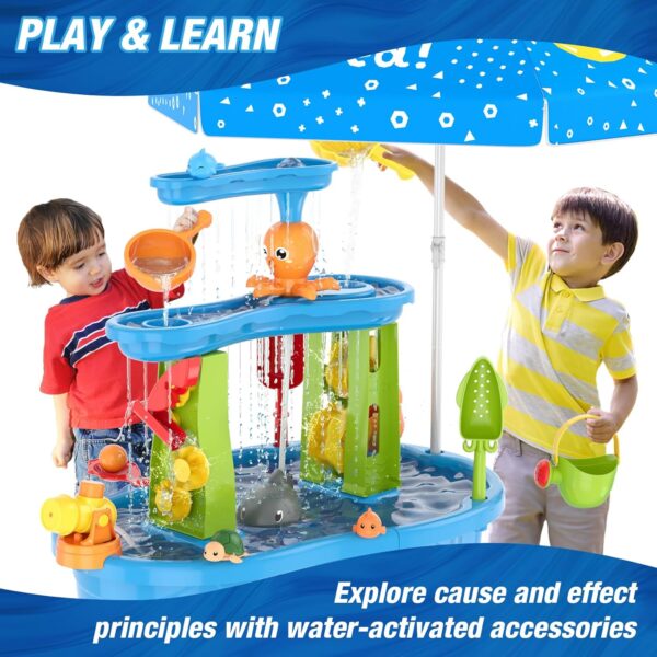 Water Table for Toddlers 3-5 with Umbrella/Water Pumb/Water Table Cover, 3-Tier Kids Sand Water Table, Rain Showers Splash Pond for Outdoor Beach, Activity Sensory Play Table for Boys Girls - Image 9