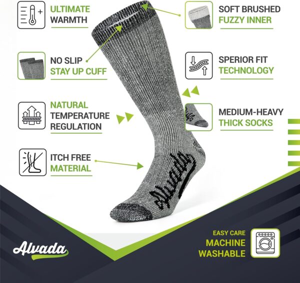 Alvada Merino Wool Hiking Socks Thermal Warm Crew Winter Boot Sock For Men & Women 3 Pairs - Image 3