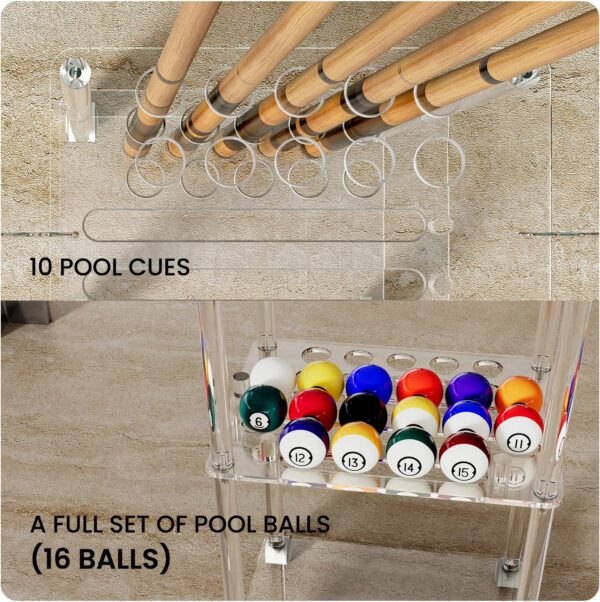 Sumerflos Acrylic Pool Stick Holder with Casters - Hold 10 Cues & 16 Balls Clear Pool Cue Rack for Billiard Game Room Portable - Image 4