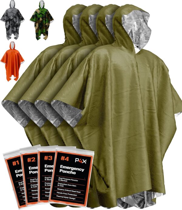 PREPARED4X Emergency Poncho with Mylar Blanket Liner – Heavy Duty, Waterproof, Wind-Resistant Green Rain Poncho for Outdoors, Camping, and Car Emergency Kits - Thermal Poncho - Image 2