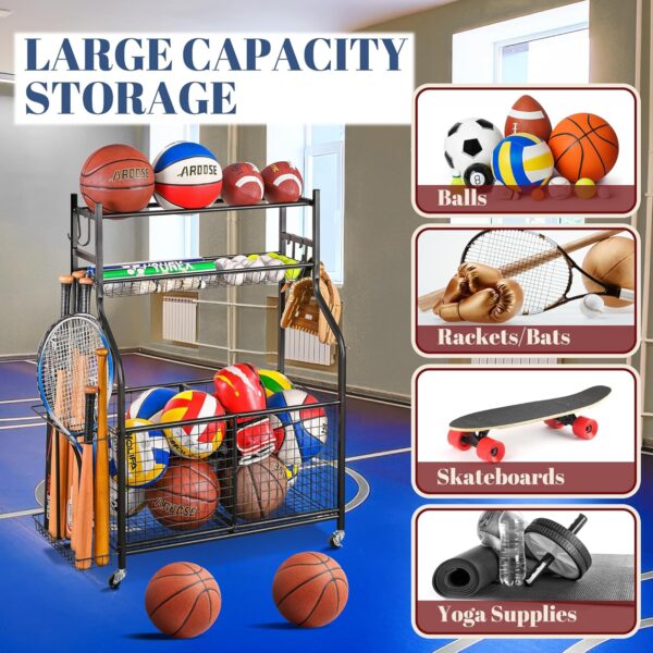 Mythinglogic Sports Equipment Garage Organizer,Garage Ball Storage for Sports Gear and Toys, Rolling Ball Cart with Wheels for Indoor/Outdoor Use - Image 3