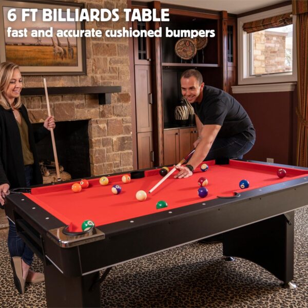 6 FT Pool Table. Includes Billiard Tables Accessories- 2 Pool Cues, Set of Pool Table Balls, Triangle, Pool Table Brush, Chalk, No Assembly, Portable - Image 3