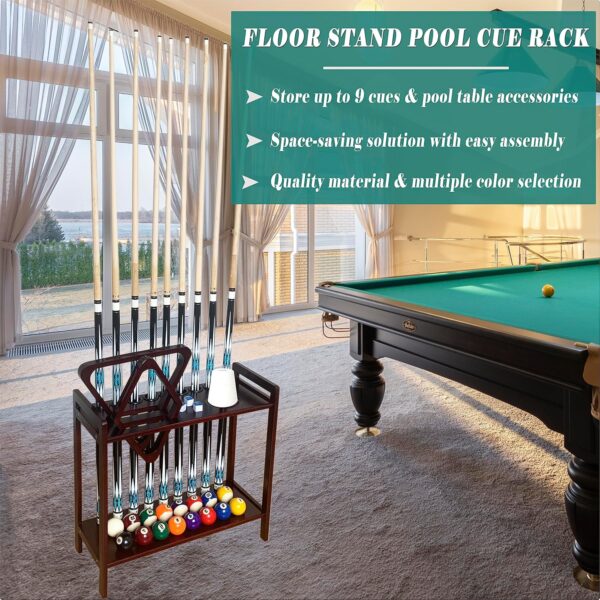 Pool Stick Holder Floor Stand Holds 9 Cues & Pool Table Accessories. Wooden 2-Tier Cue Stick Storage with Ball Rack Hangers, Billiard Cone Chalk Holder or Drink Pads (Mahogany) - Image 6